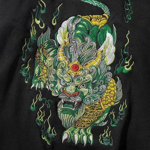 Embroidery Kirin Luxury Sukajan Hoodie with cartoon design for men, hooded, full sleeves, ideal for spring and autumn.